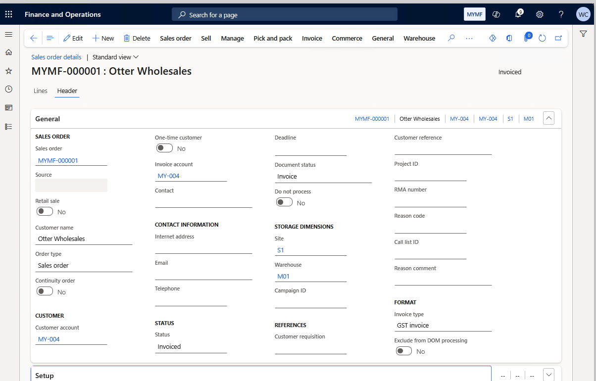 Dynamics 365 Finance and Operations sales order header with the new Contoso field group